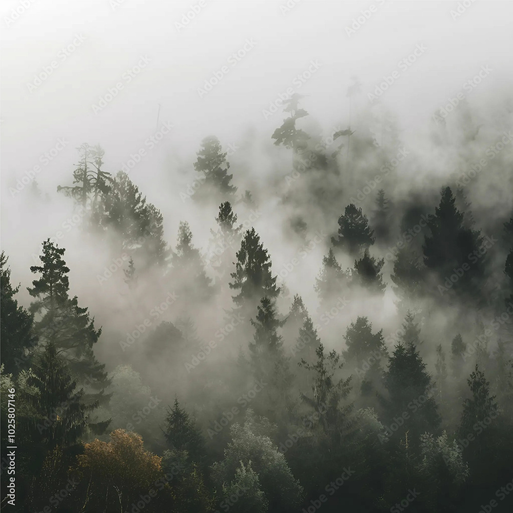 Naklejka premium A forest of pine trees in the fog.