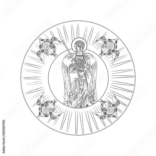 Archangel Uriel. Greek medallion- coloring page in Byzantine style