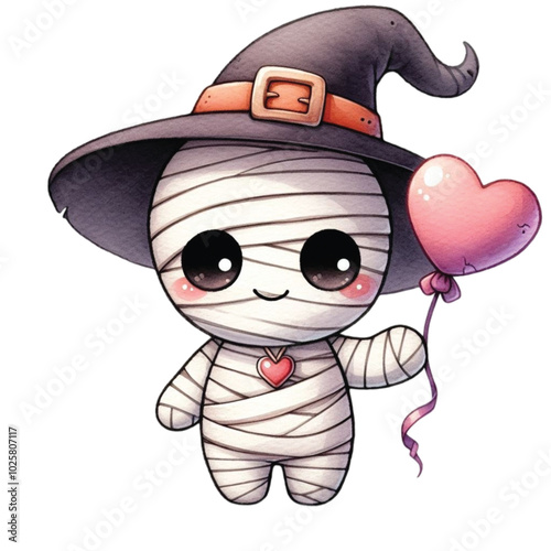 Cute mummy holding balloon clipart watercolor