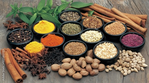 A herbs and spices set for detox and cleansing, featuring ingredients known for their cleansing properties, ideal for wellness brands or health-focused consumers. photo