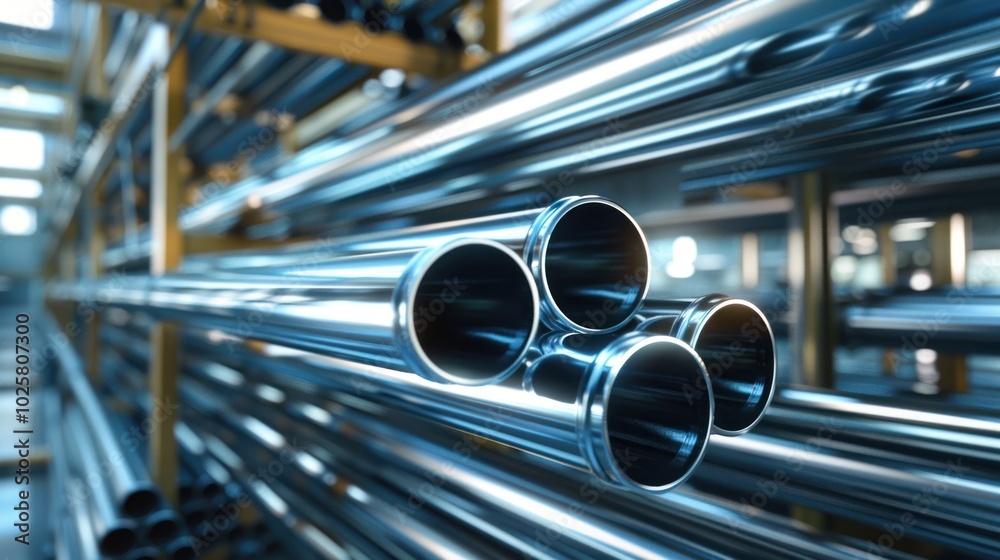 Close-up of stacked metal pipes in a warehouse Close-up of stacked metal pipes in a warehouse