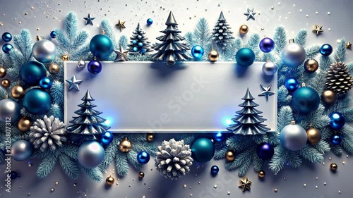 Elegant christmas backdrop featuring navy blue and silver ornaments, pine trees, and stars on snowy background. ideal for holiday greetings, invitations, or festive designs, with copy space. photo