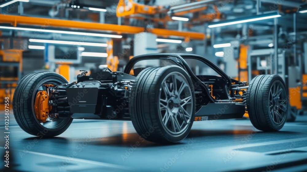 Electric Vehicle Chassis in a Modern Factory Electric Vehicle Chassis in a Modern Factory