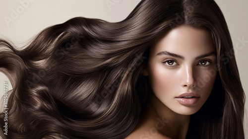 Portrait of an attractive girl with well groomed, smooth, voluminous dark natural brown wavy hair looking into the camera. Can be used for premium hair dye packaging or hair salon advertising.  
