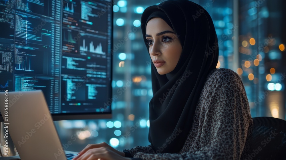 Woman in Hijab Working on Laptop at Night Woman in Hijab Working on Laptop at Night