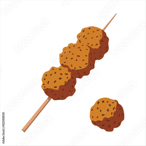 Meatballs on a stick. Flat cartoon illustration of grilled or fried food