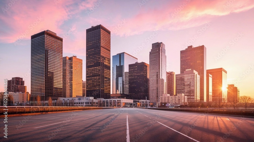 Fototapeta premium Panoramic city skyline and buildings with empty asphalt road at sunset.