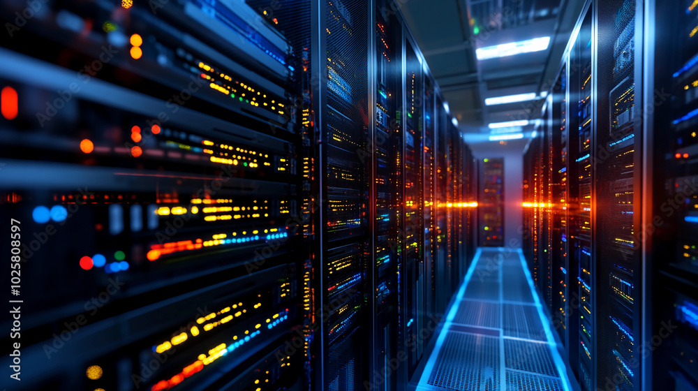 Server Room Interior with Glowing Lights and Data Server Room Interior with Glowing Lights and Data