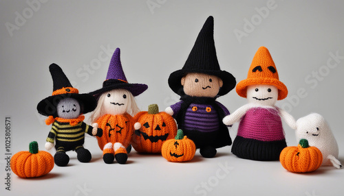 A collection of Halloween-themed knitted toys displayed against a plain white background.