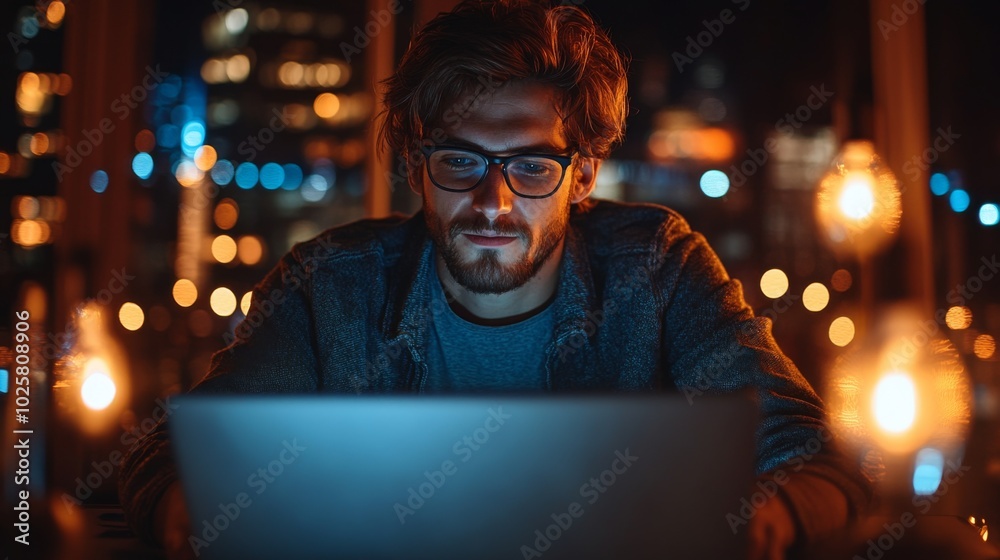 Young Man Working Late on Laptop Young Man Working Late on Laptop