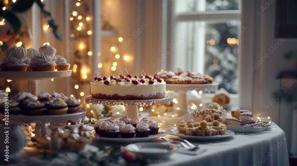 A Beautiful Dessert Table with Cakes and Treats for a Celebration or Party A Beautiful Dessert Table with Cakes and Treats for a Celebration or Party