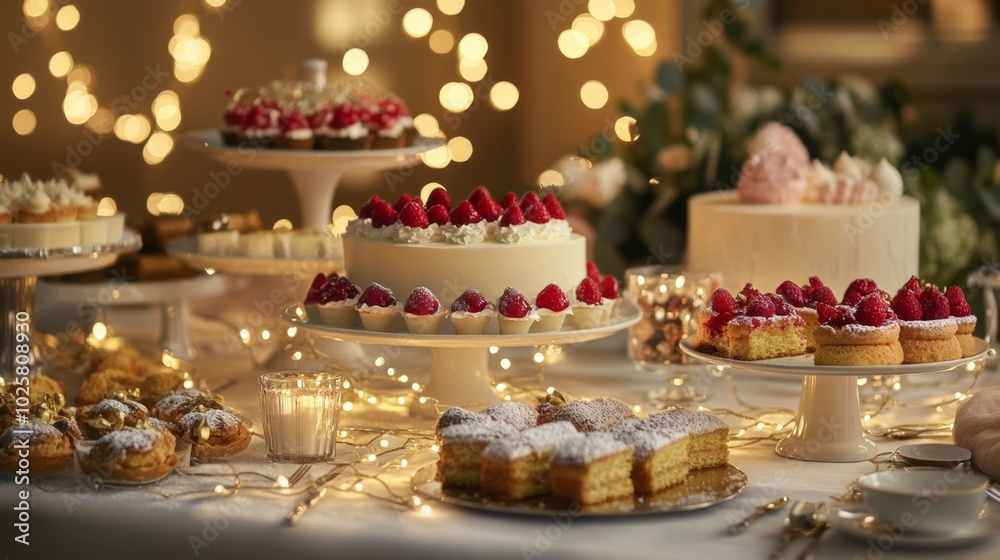 A Beautiful Dessert Table with Cakes and Pastries Surrounded by Soft Lights for a Celebration