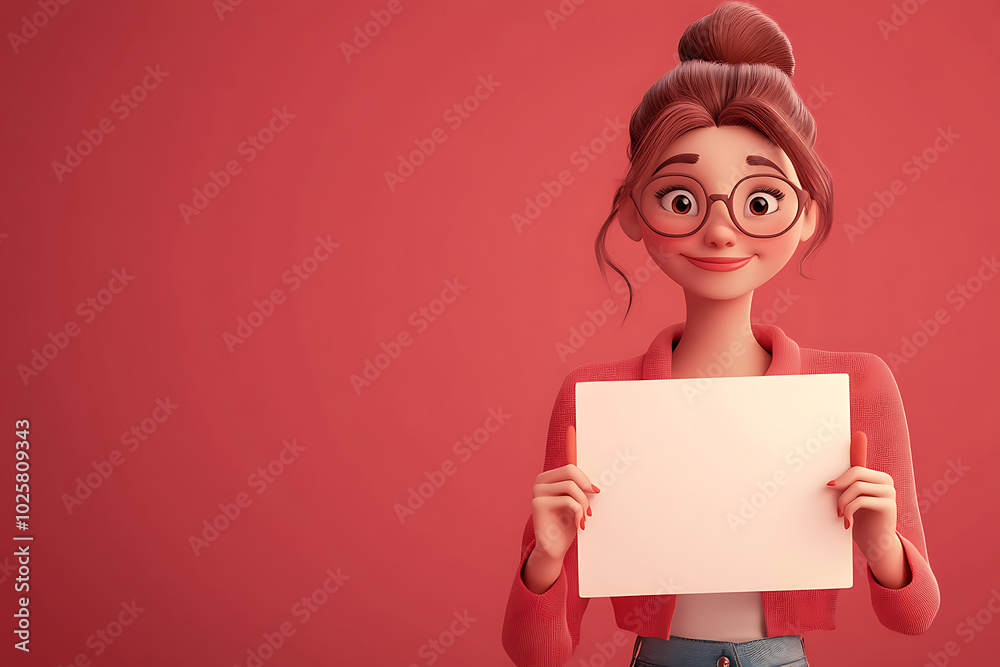 A cheerful animated woman holding a blank sign against a solid background. A cheerful animated woman holding a blank sign against a solid background.