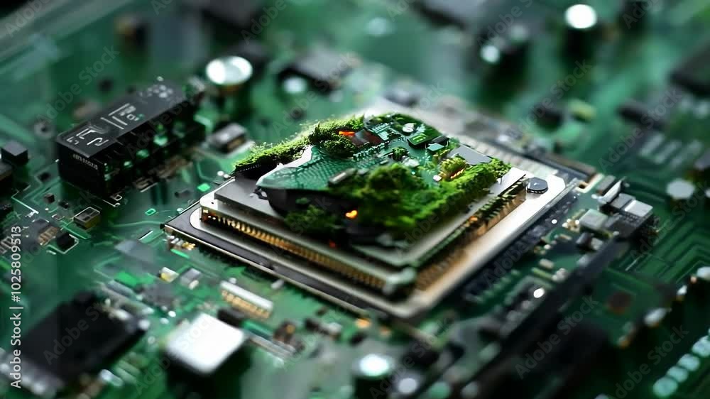 A green globe model rotates atop a microprocessor board, illustrating ...