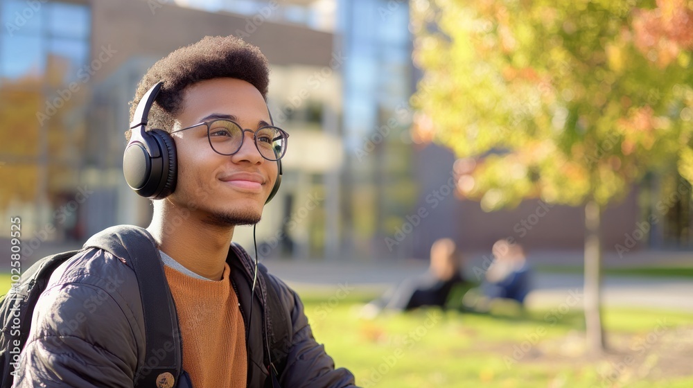 A modern student with headphones portrait, featuring a student listening to music or a podcast, with headphones on, A modern student with headphones portrait, featuring a student listening to music or a podcast, with headphones on,