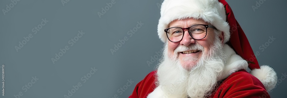 Naklejka premium Santa Claus in eyeglasses is looking at camera and smiling, on gray background 