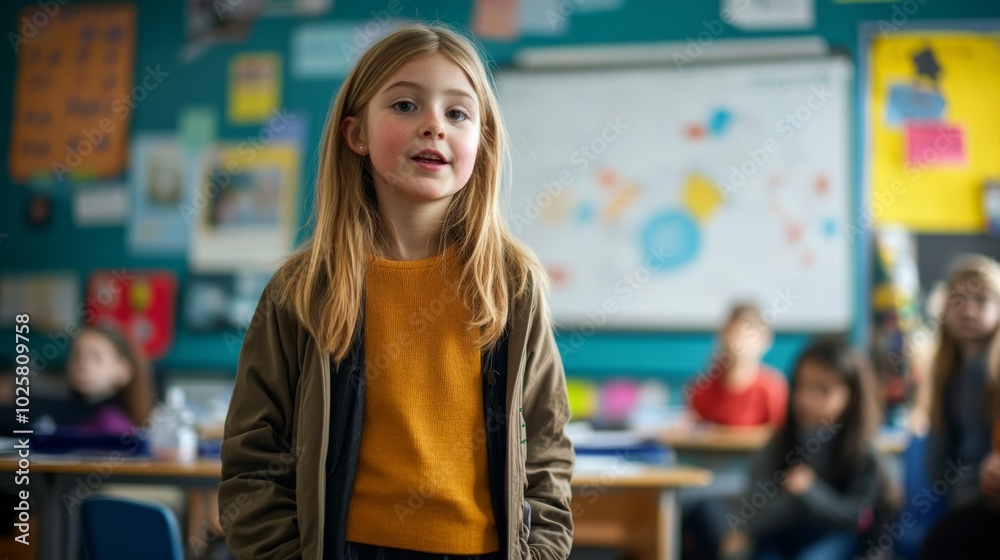A young girl confidently speaks in a classroom filled with eager classmates. Her expression shows enthusiasm for learning and sharing. A young girl confidently speaks in a classroom filled with eager classmates. Her expression shows enthusiasm for learning and sharing.