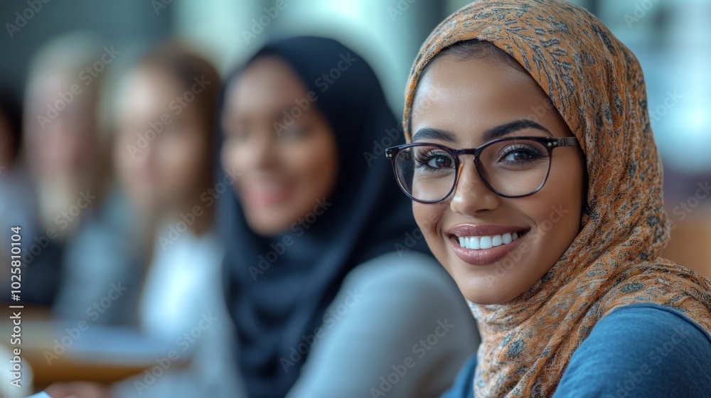 Smiling Woman in Hijab with Friends Smiling Woman in Hijab with Friends