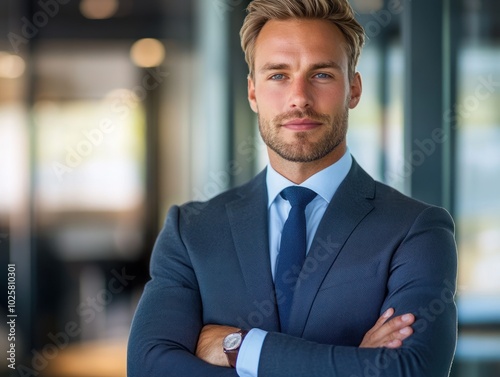 A portrait of a handsome businessman standing confidently, wearing a sharp suit and tie, with a professional background, exuding leadership and charisma