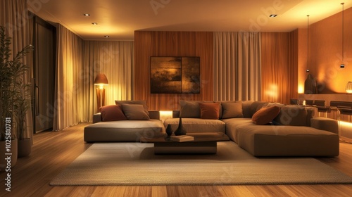 Cozy modern living room with plush furniture, warm lighting, and wooden textures. Soft, neutral color palette