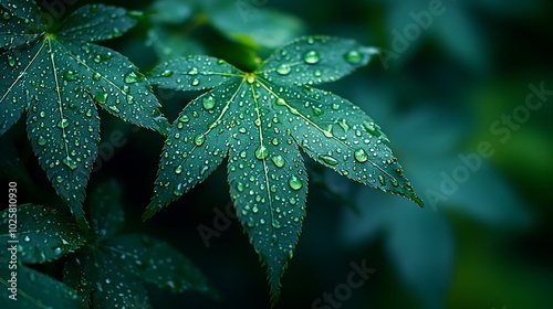 Green maple leaves with raindrops.