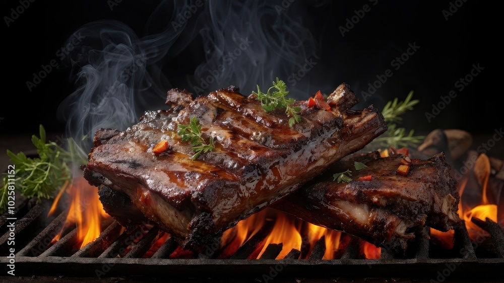 Grilled ribs with smoke and herbs, showcasing a delicious barbecue dish. Grilled ribs with smoke and herbs, showcasing a delicious barbecue dish.
