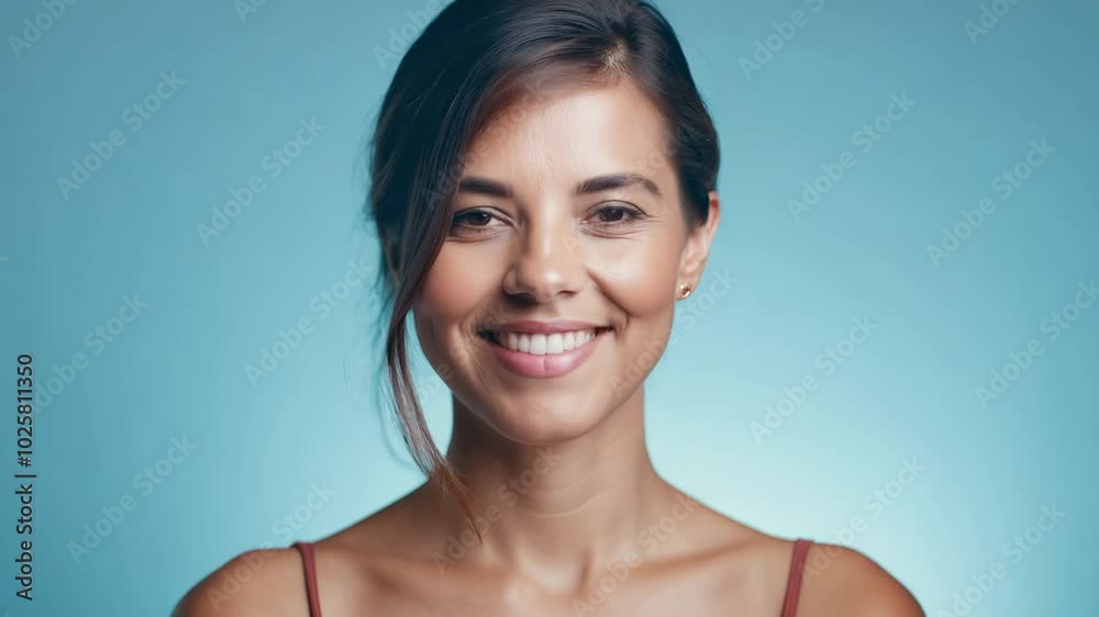 Smiling woman against blue background expressing happiness and confidence Smiling woman against blue background expressing happiness and confidence