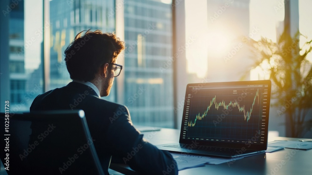 Businessman Analyzing Financial Data on Computer Screen at Sunrise Businessman Analyzing Financial Data on Computer Screen at Sunrise