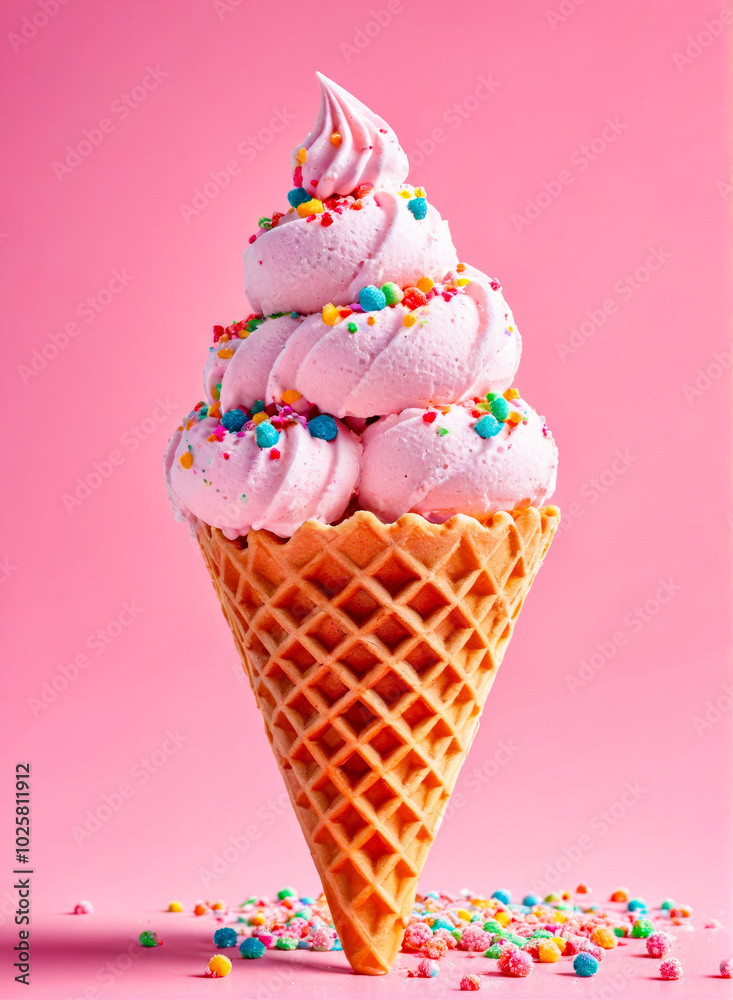 Pink Ice Cream Cone with Sprinkles on Pink Background. Pink Ice Cream Cone with Sprinkles on Pink Background.