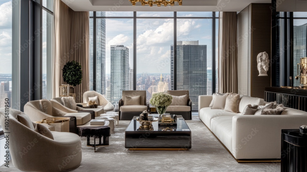 Luxurious living room with modern furniture, plush fabrics, and gold accents. Floor-to-ceiling windows with city views Luxurious living room with modern furniture, plush fabrics, and gold accents. Floor-to-ceiling windows with city views