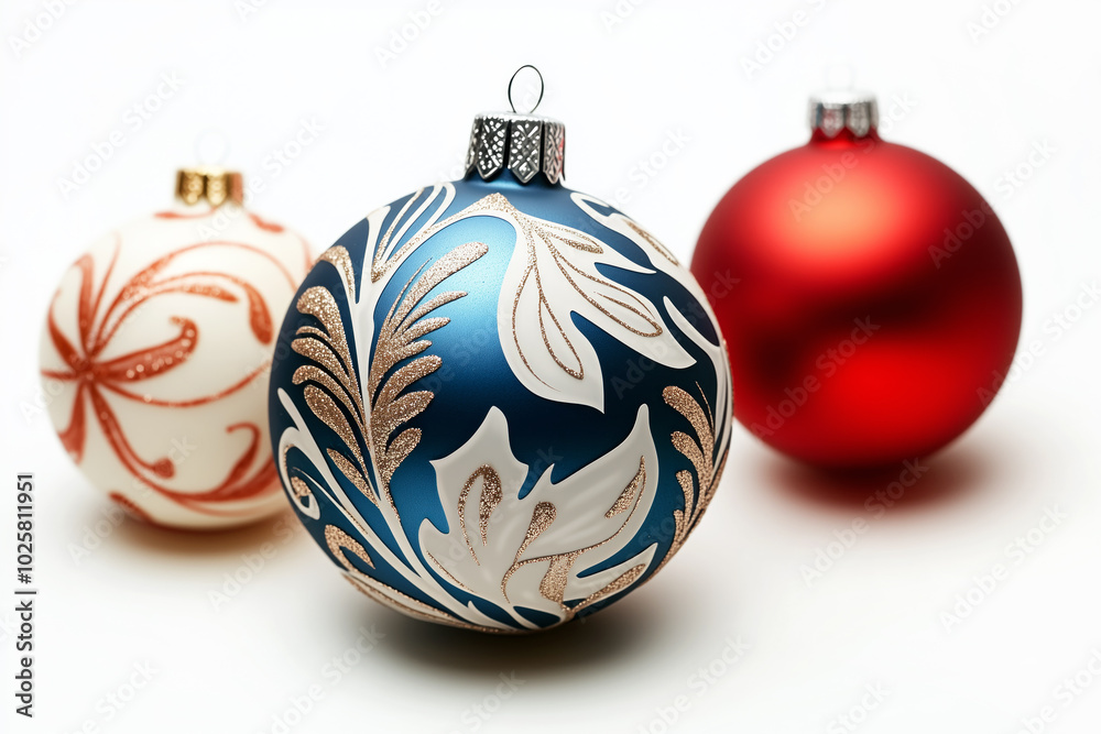 Beautiful Christmas ornaments with intricate red and white designs on white background. Concept of holiday decoration Beautiful Christmas ornaments with intricate red and white designs on white background. Concept of holiday decoration