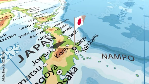 Japan flag waving on the map