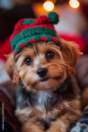 Small dog wearing a green hat is smiling