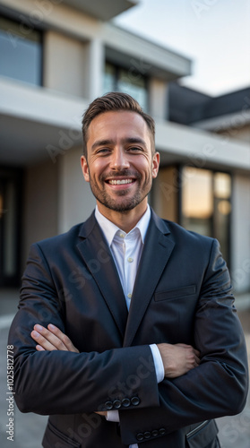 Confident Businessman Smiling Outdoors in a Formal Suit