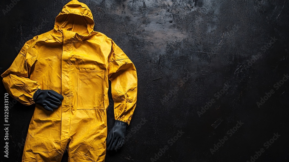 Yellow protective suit with black gloves on dark background. Yellow protective suit with black gloves on dark background.