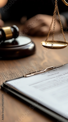 Legal document with gavel and scales of justice
