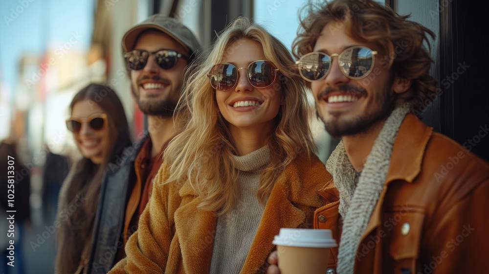 Group of young stylish happy people leaning against the wall and talking while drinks coffee in the paper cup Group of young stylish happy people leaning against the wall and talking while drinks coffee in the paper cup