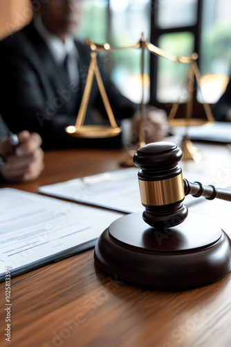 Legal gavel on table in law office setting.