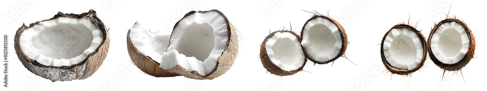 A coconut split in half, showcasing the white interior and rough exterior A coconut split in half, showcasing the white interior and rough exterior