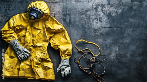 Yellow hazmat suit with gas mask and gloves on a dark grunge background.