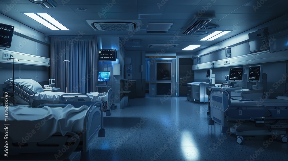 Clean and modern hospital room with medical equipment and empty beds.