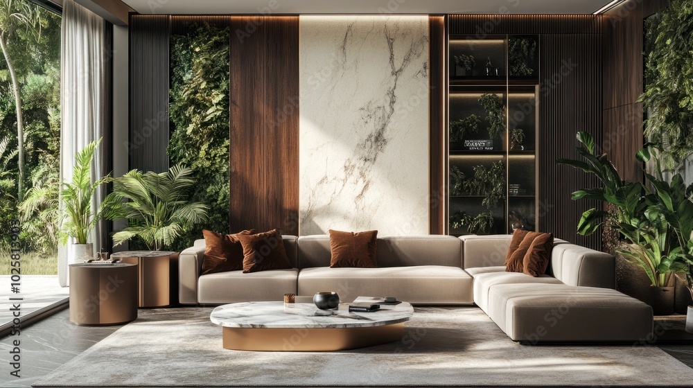 Modern living room with velvet sofa, marble coffee table, and sleek storage units. Open and inviting with greenery