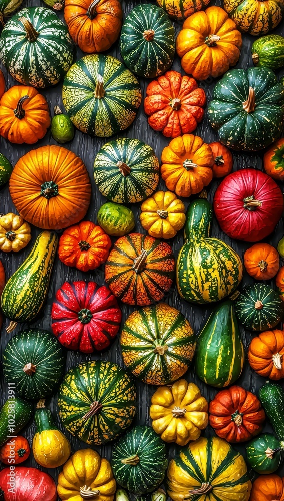 A collection of pumpkins and gourds atop a wooden table, against a wall background A collection of pumpkins and gourds atop a wooden table, against a wall background