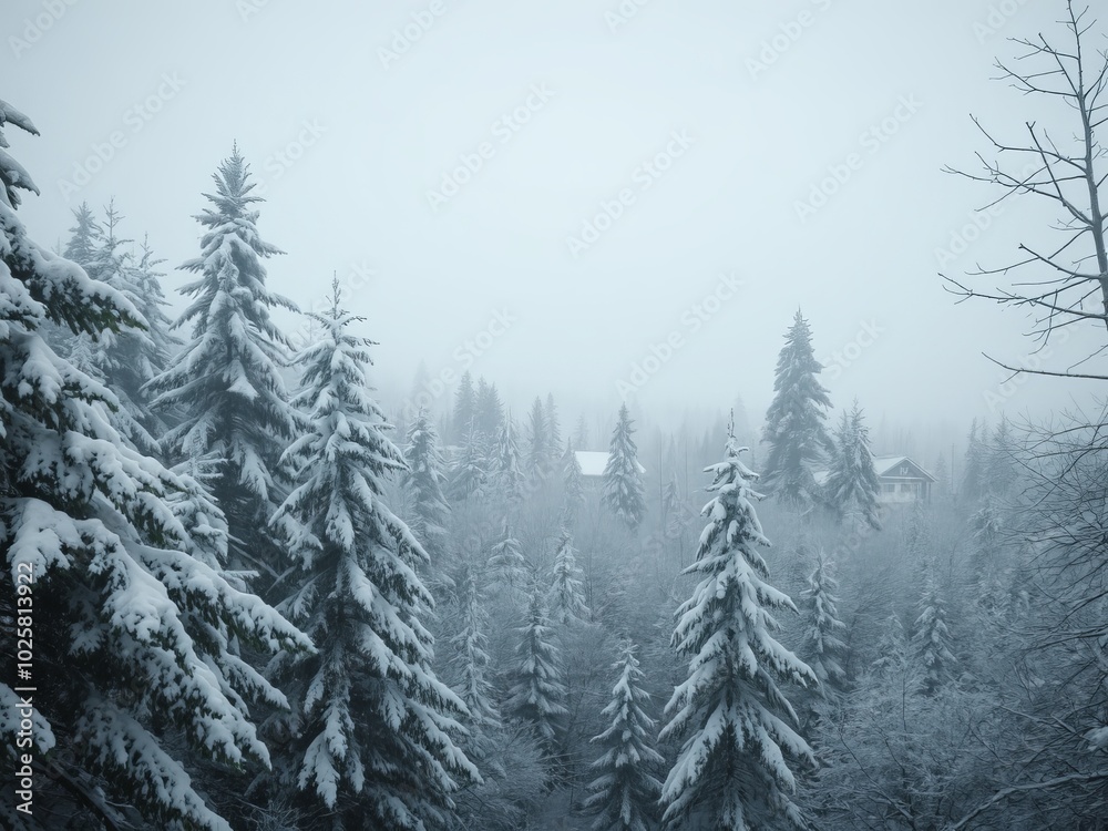 Obraz premium a snowy forest with a house in the background