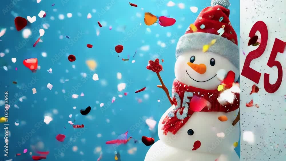 Smiling snowman with a hat and scarf celebrates winter against a blue sky, with confetti,  falling happily and 25 december numbers.