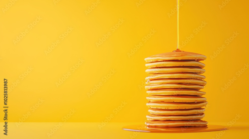 A visually striking image of a floating stack of pancakes with syrup dripping mid-air A visually striking image of a floating stack of pancakes with syrup dripping mid-air