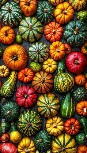  A collection of pumpkins and gourds atop a wooden table, against a wall background