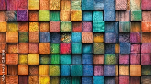  A multicolored backdrop of uniformly arranged wood planks in various colors