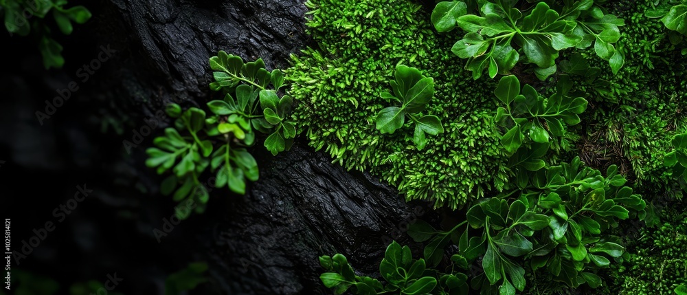 A tight shot of a tree trunk, green foliage flourishing on its flanks, and another tree trunk visible in the backdrop A tight shot of a tree trunk, green foliage flourishing on its flanks, and another tree trunk visible in the backdrop