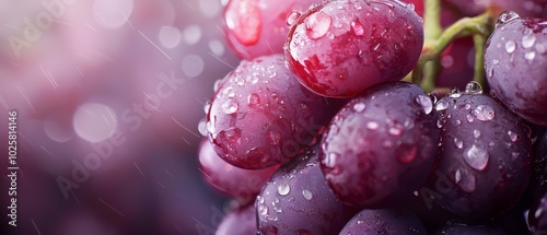  A tight shot of a cluster of grapes, adorned with water droplets on the foliage and grapevine stems